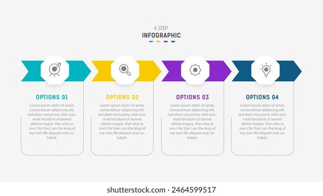 Plantilla de Vector de diseño de elementos de infografía de cuatro pasos para presentación. diagrama de procesos y pasos de presentaciones, diseño de flujo de trabajo, Anuncio, diagrama de flujo, Ilustración vectorial de infografía.