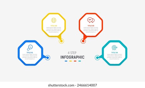 Vorlage der vierstufigen Infografik-Element-Design-Vektorgrafik für die Präsentation: Prozessdiagramm und Präsentationsschritt, Workflow-Layout, Banner, Flussdiagramm, Vektorillustration der Infografik.
