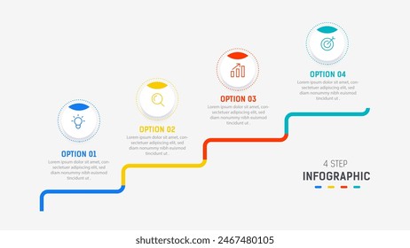 Plantilla de Vector de diseño de elementos de infografía de cuatro pasos para presentación. diagrama de procesos y pasos de presentaciones, diseño de flujo de trabajo, Anuncio, diagrama de flujo, Ilustración vectorial de infografía.