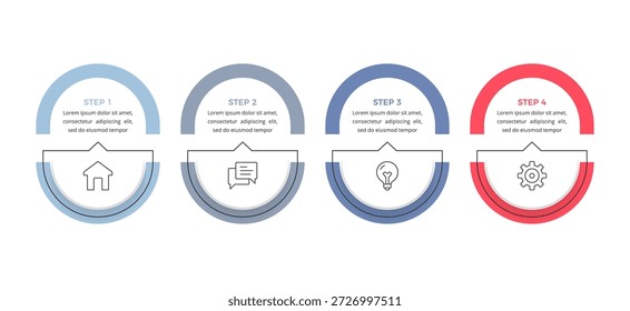 Vierstufige Infografik mit halbkreisförmigen farbigen Elementen, Symbolen und Textblöcken, die einen sequenziellen Geschäfts- oder Workflow-Prozess darstellt