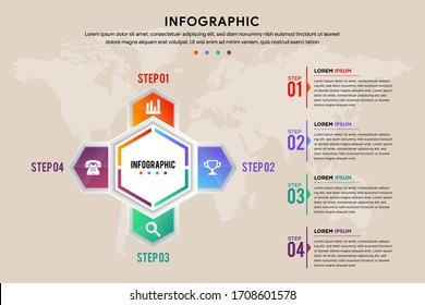 four step of Infographic template. hexagon arrow element designs. Can be used for workflow layout, diagram, business step options, banner, web design. Transparency world map on brown background. 