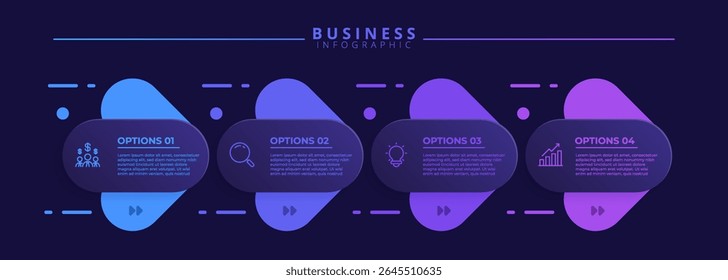 Four step infographic template with icon elements, designed for business and professional use. Ideal for presentations, banners, workflow layouts, process diagrams, flowcharts, and visualizing data