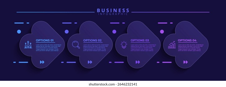 Four step infographic template with icon elements, designed for business and professional use. Ideal for presentations, banners, workflow layouts, process diagrams, flowcharts, and visualizing data