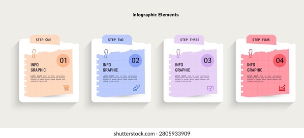 Four step infographic template with paper note, pastel colors, icons and text layout for business process presentation