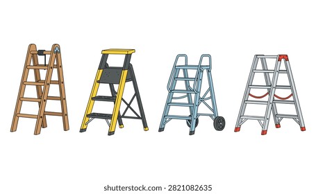 Four step ladders of different materials and designs including wooden, steel, and aluminum step stools on white.