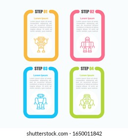 Four step robot and android infographic concept. Mechanical character icons.