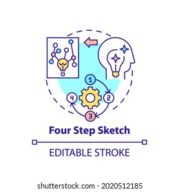 Icono de concepto de esbozo de cuatro pasos. Ejercicio para el pensamiento creativo. Estrategia para la toma de decisiones. Problema resolviendo ilustración de línea delgada de idea. Dibujo de color RGB con contorno aislado del vector. Trazo editable