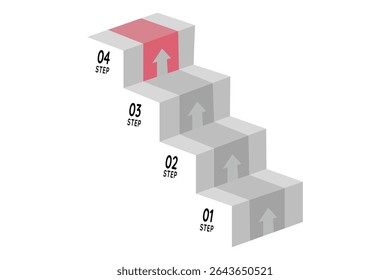 Escada de quatro passos para cima progresso infográfico ilustração vetor para o sucesso de negócios processo de estratégia de fluxo de trabalho e projeto de avanço de carreira.