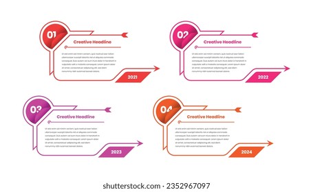 Four step text presentation timeline infographic template with abstract arrow shape and number