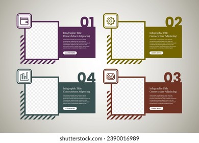 four step vector simple multipurpose infographic template with rectangle photo placeholders icons and text blocks. Business company overview profile with photos and solid color blocks.