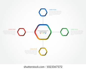 four steps 3d infographic template with hexagonal elements. business process template with options for brochure, diagram, workflow, timeline, web design