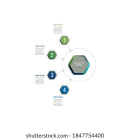 Cuatro pasos 3d plantilla de infografía con elementos hexagonales. Visualización de datos de procesos empresariales para informes anuales, folleto, diagrama, flujo de trabajo, cronograma, diseño web. Eps 10