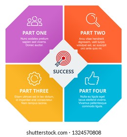 Four steps with centered title infographic template - polygonal fragments with icons of team, search, process, thumbs and success - modern vector presentation