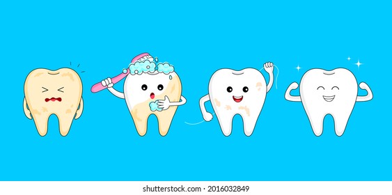 Cuatro pasos de dientes de limpieza. Diseño de caracteres dentales de dibujos animados, antes y después. Dientes blanqueadores, concepto de cuidado dental.