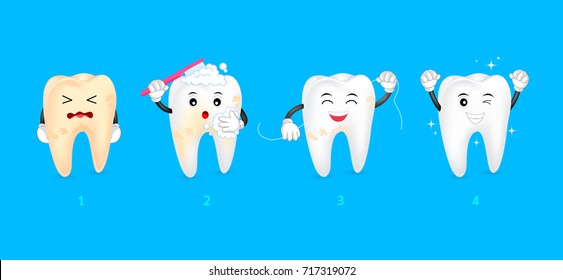 Four steps of cleaning tooth. Cartoon character design, before and after. Whitening teeth, dental care concept.  Illustration isolated on blue background.