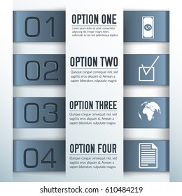 Four steps composition with one two three and four options in modern style vector illustration