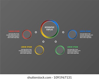 four steps design layout infographic template with round 3d realistic elements on dark background. process diagram for brochure, banner, annual report