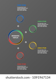 four steps design layout infographic template with round 3d realistic elements on dark background. process diagram for brochure, banner, annual report
