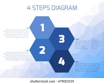 Four steps diagram of hexagonal elements. Business infographics concept. Four shades of blue elements with text labels on lowpoly background.