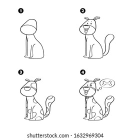 Four steps to draw cartoon dog isolated on white background.