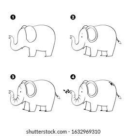Four steps to draw cartoon elephant isolated on white background.