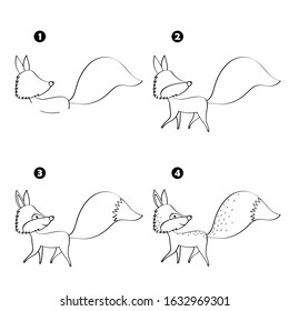 Four steps to draw cartoon fox isolated on white background.