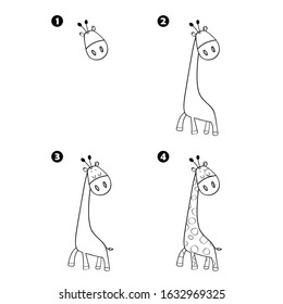 Four steps to draw cartoon giraffe isolated on white background.