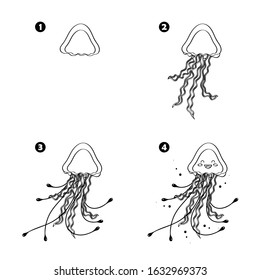 Four steps to draw cartoon jellyfish isolated on white background.