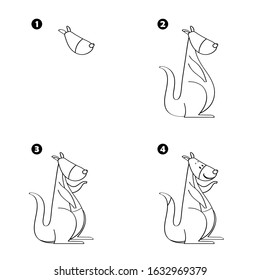 Four steps to draw cartoon kangaroo isolated on white background.