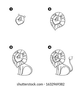 Four steps to draw cartoon lion isolated on white background.