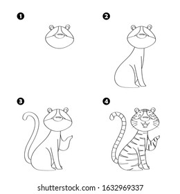 Four steps to draw cartoon tiger isolated on white background.
