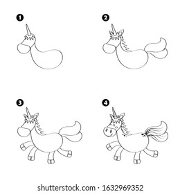 Four steps to draw cartoon unicorn isolated on white background.