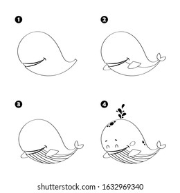 Four steps to draw cartoon whale isolated on white background.