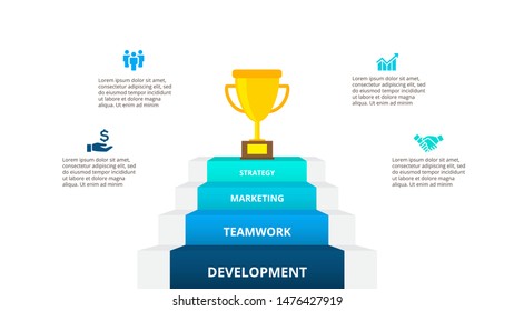 Cuatro pasos con una copa de oro en la parte superior. Concepto de diseño gráfico del crecimiento.