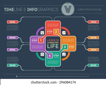 Four steps to a healthy life. Web Template for circle diagram or presentation with logo. Concept of recreation with 4 options. Vector infographic of education process with icons.