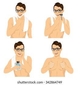 four steps of hipster man with glasses shaving his face over white background