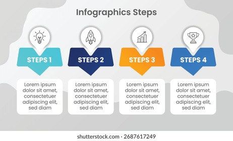 Modelo de apresentação de infográfico em quatro etapas. Gráfico de processo de negócios moderno e diagrama de fluxo de trabalho para estratégia corporativa, planejamento e layout de linha de tempo. Ilustração vetorial