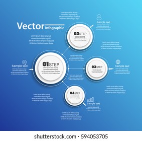Four steps infographics with circles on blue backgraund. Can be used for workflow layout, diagram, business step options, banner, web design. Vector Eps 10