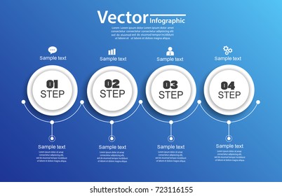 Four steps infographics with circles on blue backgraund. Can be used for workflow layout, diagram, business step options, banner, web design. Vector Eps 10