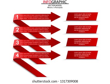 Four steps of the infographics in the form of red arrows that point to the plates.Can be used as a business,advertising,presentation,diagram,workflow layout,banner,flow chart,concepts,tables.
