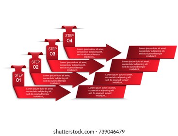 Four steps of the infographics in the form of red arrows that point to the plates. Elements of infographics for business, advertising, presentation. A diagram in the form of red arrows.