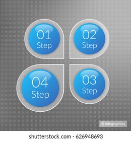Four steps infographics. Isolated 1 2 3 4 number symbols background. Blue and white marketing vector illustration on grey dotted background