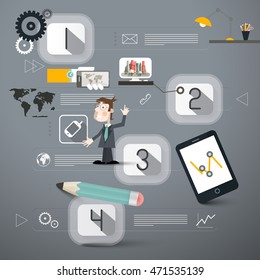 Four Steps Infographics Layout with Business Man and Technology Device Icons