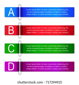 Four steps of infographics. Multicolored ribbons are worn on metal staples. Elements of infographics for business and advertising. Elements of origami design. Four rectangular paper banners.