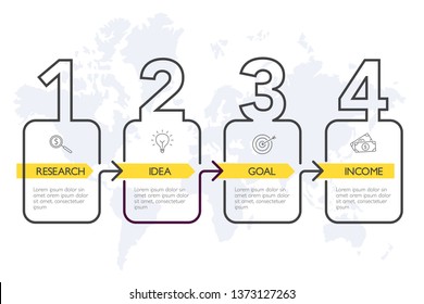 Cuatro pasos de infografía, línea de tiempo, pueden ilustrar una estrategia, flujo de trabajo o trabajo en equipo.