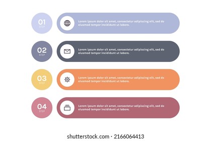 Diseño de etiquetas de cuatro pasos infografía y presentación, banner, flujo de trabajo, diseño, diagrama de procesos, ilustración vectorial plana de diagrama de flujo.
