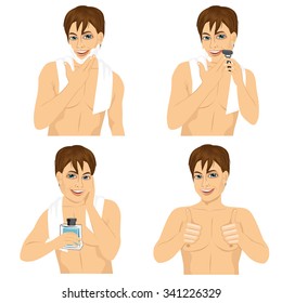 four steps of man shaving his face over white background