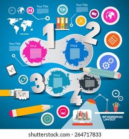 Four Steps Modern Infographics Layout with Colorful Icons on Blue Background