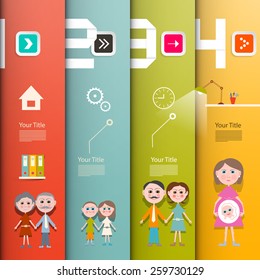 Four Steps Paper Retro UI Flat Design Infographics Template - Layout with Family Members
