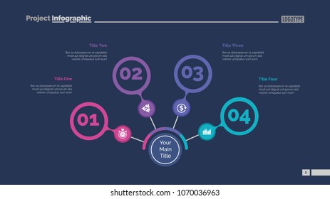 Four steps process chart slide template. Business data. Review, diagram, design. Creative concept for infographic, presentation, report. Can be used for topics like marketing, finance, production.